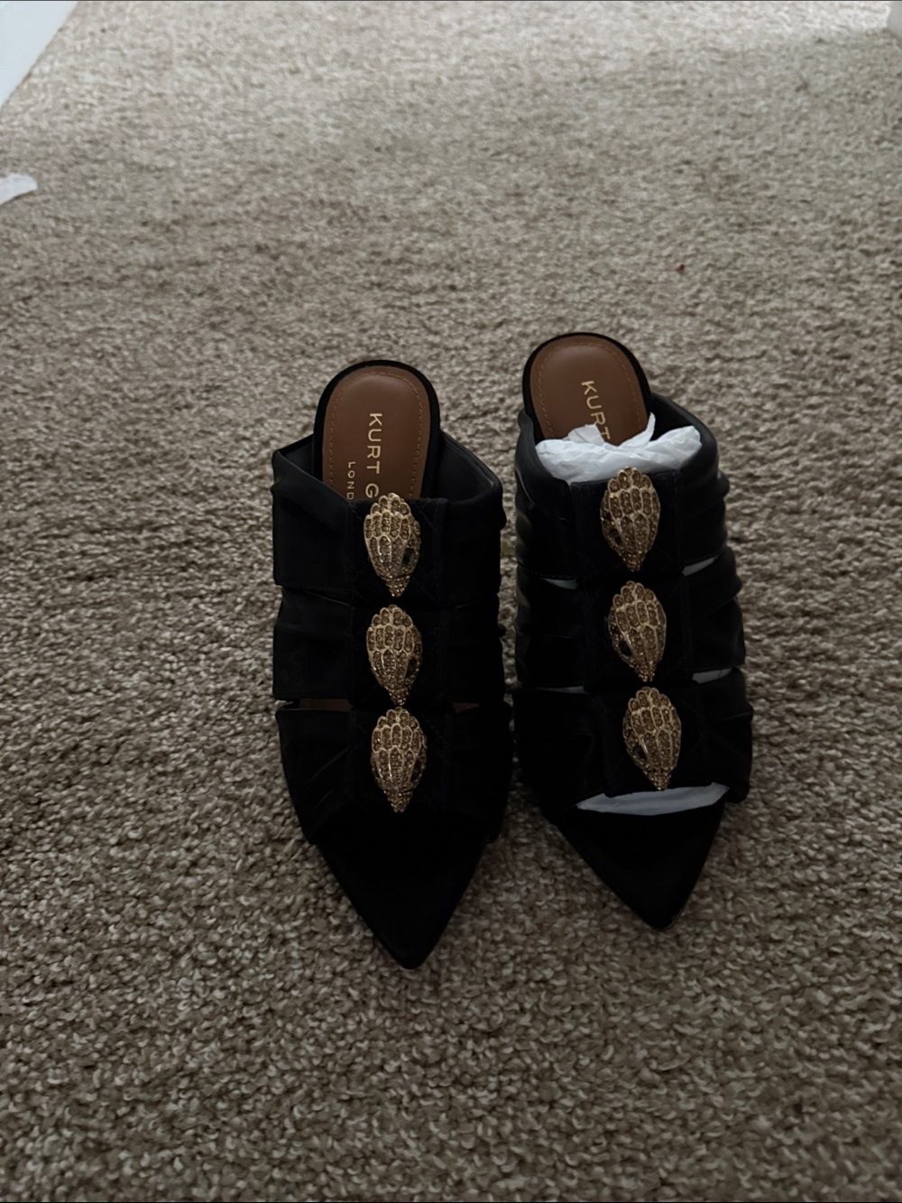Kurt Geiger Black Pointed Mule Slides with Gold Medallion Accents - Picture 1 of 3